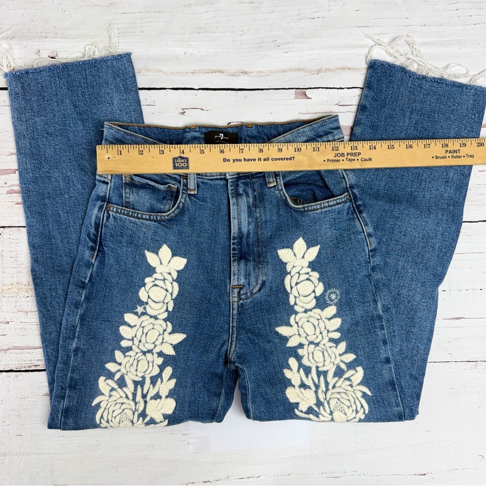 7 For All Mankind Blue Jeans with White Floral Embroidery - Picture 9 of 10